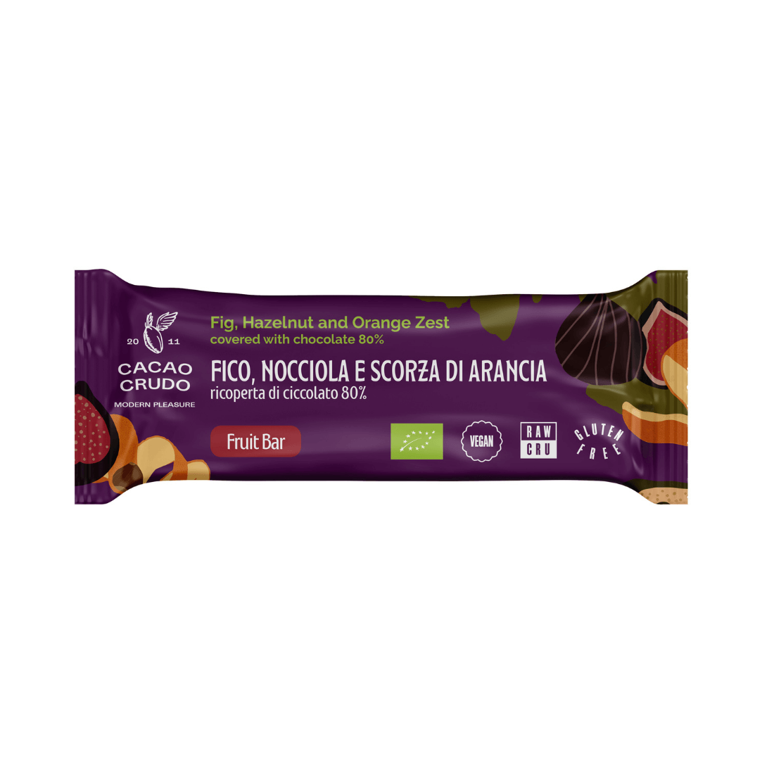 Fig, hazelnut and orange peel bar covered in 80% dark chocolate